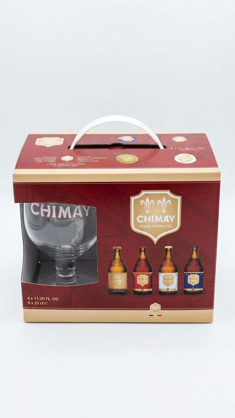Geschenkbox mit vier Chimay Bierflaschen und einem Chimay Glas, rot-goldene Verpackung.