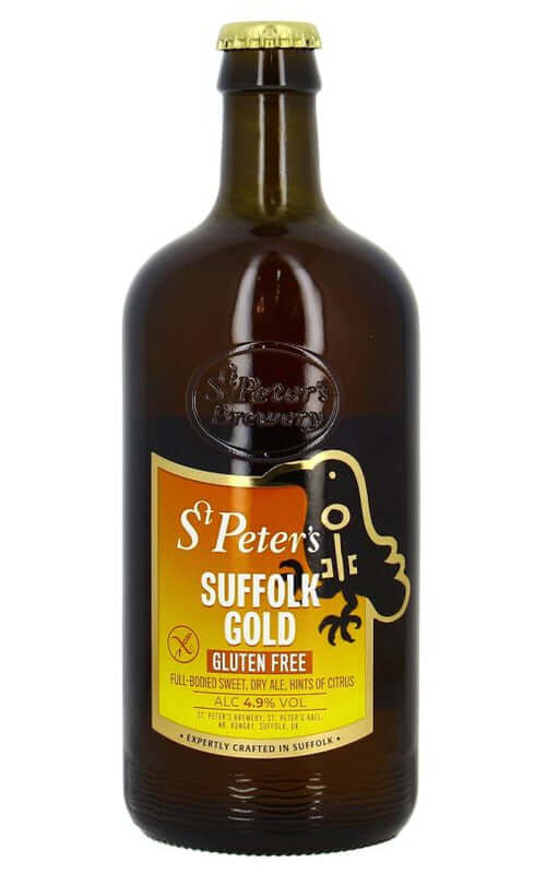 Braune Glasflasche St. Peter’s Suffolk Gold Glutenfrei mit gelbem Etikett und goldener Kappe.