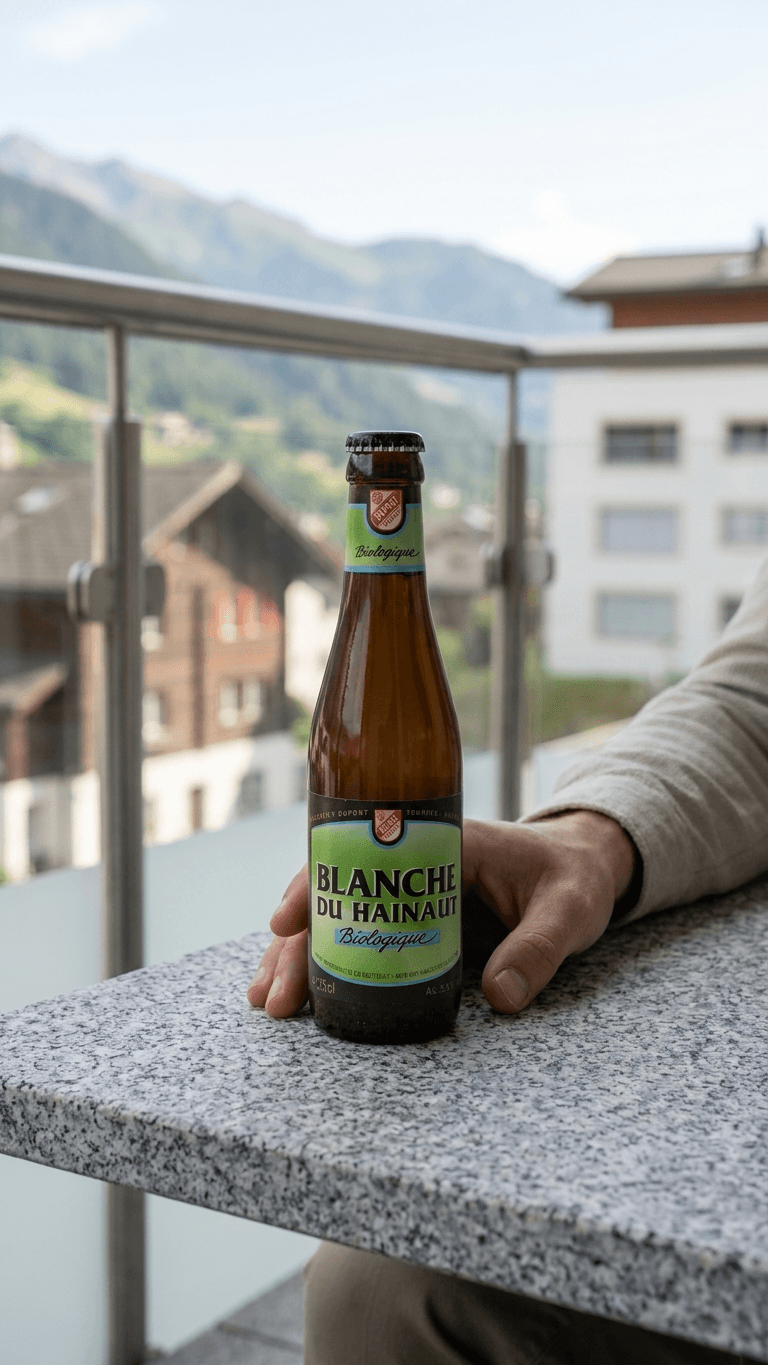 Braune 25cl Bierflasche Blanche du Hainaut Biologique mit grünem Etikett auf Steintisch vor Bergkulisse.