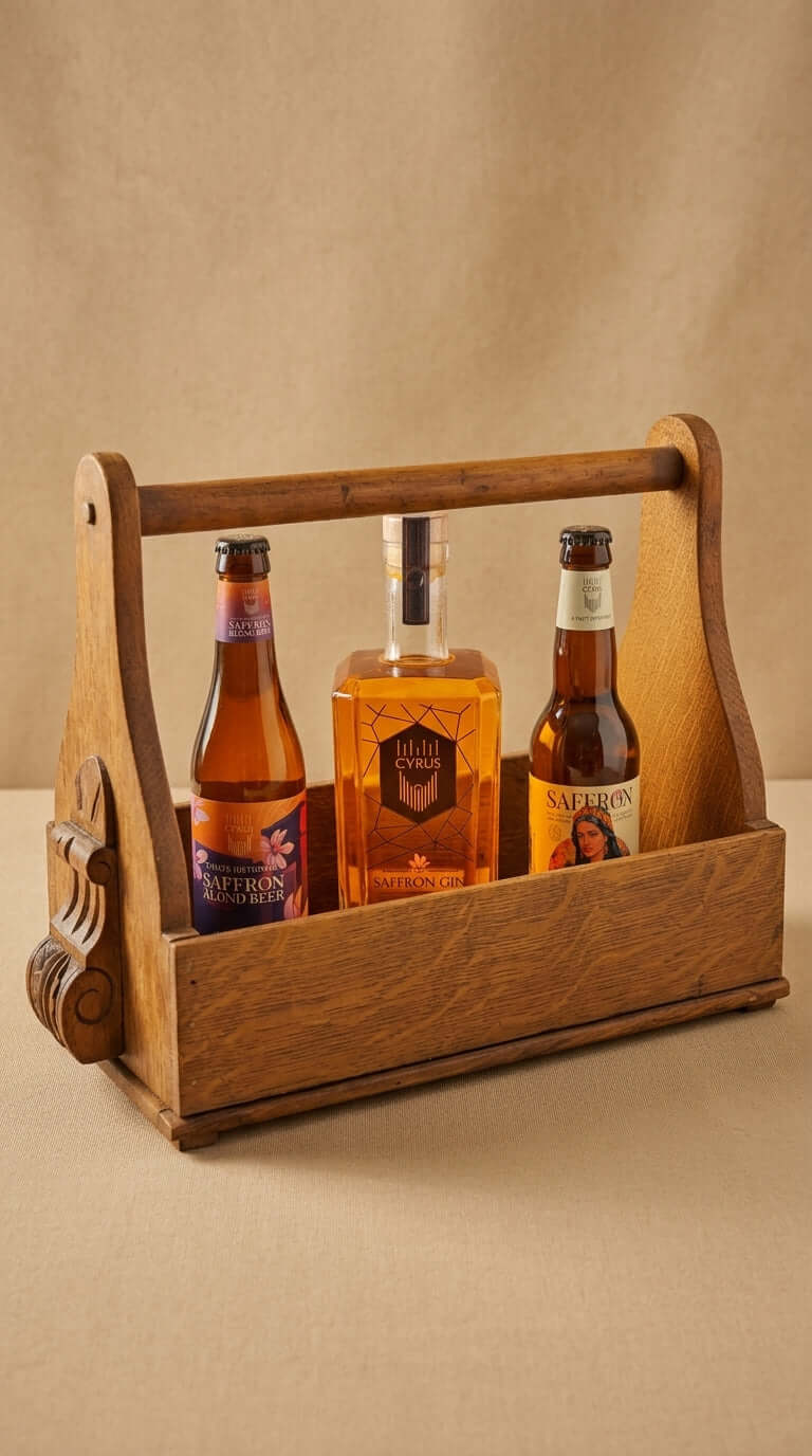 Holz Tragebox mit Griff enthält zwei Bierflaschen und eine Whiskeyflasche mit Lederanhänger.
