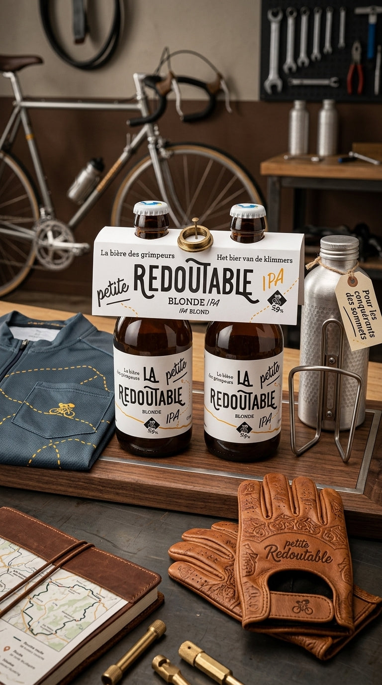 Viererpack La Redoutable IPA Flaschen mit braunem Etikett, neben braunem Lederhandschuh, Radkarte und Rennrad in Werkstatt.
