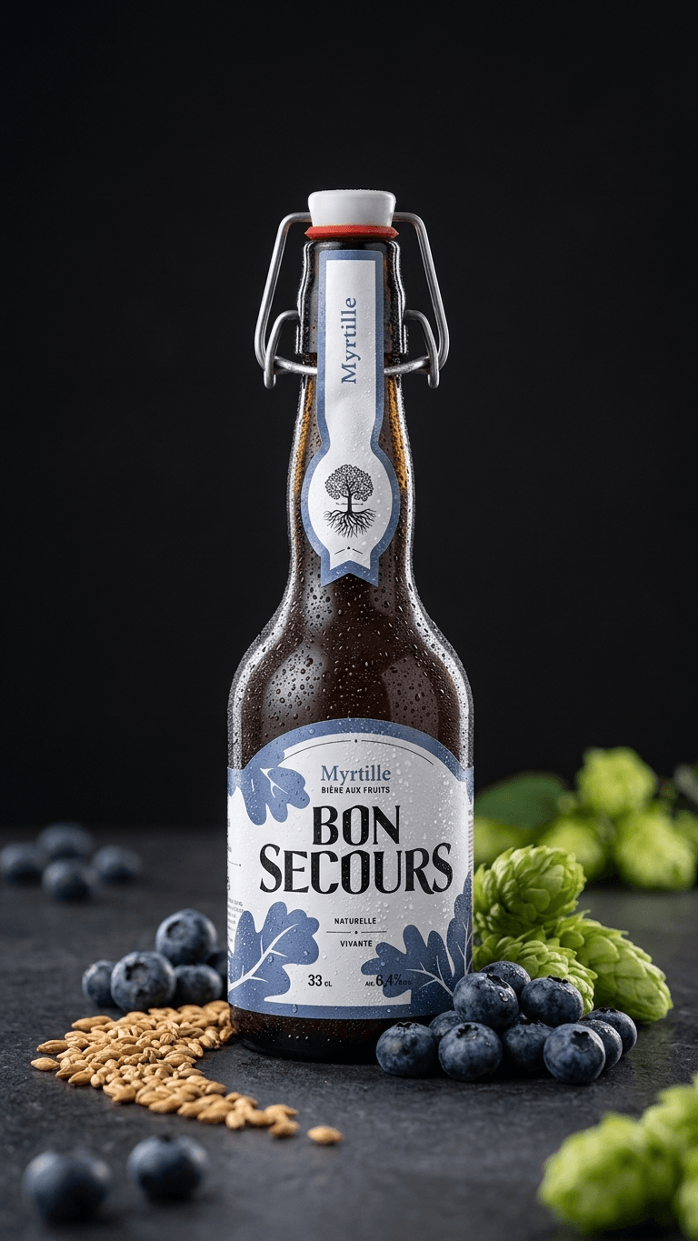 Braune Glasflasche mit Bügelverschluss, Bon Secours Myrtilles, 33cl, blau-weiße Etikettgestaltung, Blaubeer-Motiv.