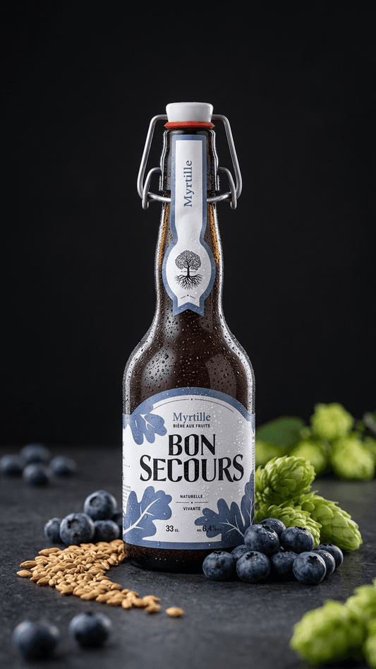 Braune Glasflasche mit Bügelverschluss, Bon Secours Myrtilles, 33cl, blau-weiße Etikettgestaltung, Blaubeer-Motiv.