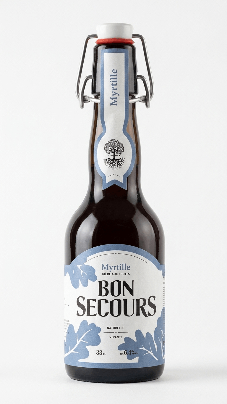 Braune 33cl Flasche Bon Secours Myrtilles mit blau-weißem Etikett und Bügelverschluss.
