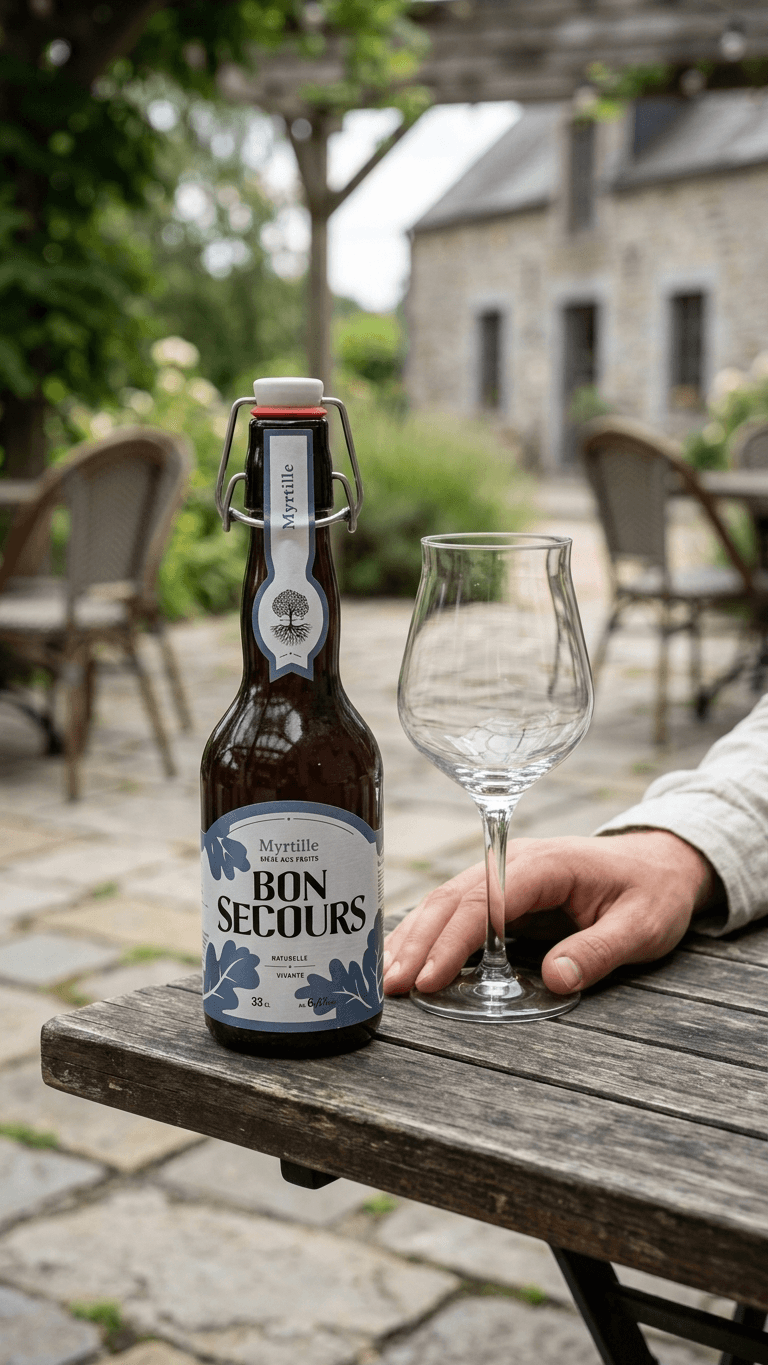 Braune Glasflasche Bon Secours Myrtilles mit blauem Etikett und Bügelverschluss, daneben leeres Weinglas auf Holztisch.