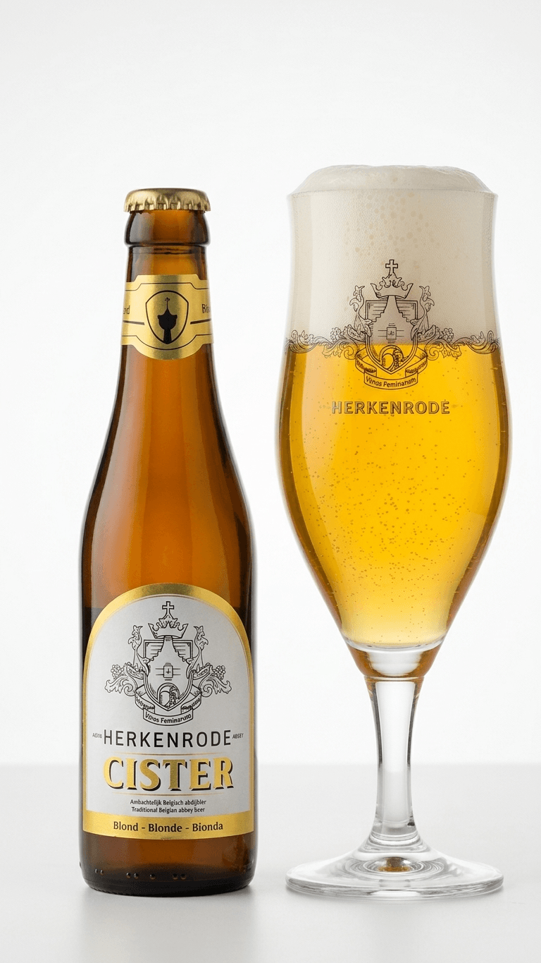 Flasche Herkenrode Cister 33 cl mit goldenem Etikett neben gefülltem Bierglas mit Schaumkrone.