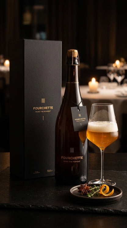 Dunkelbraune 75 cl Bierflasche mit schwarzem Etikett und Siegellack, daneben gefülltes Bierglas und schwarze Geschenkbox.