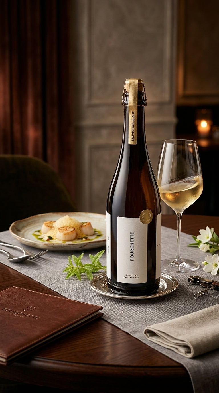 Elegante Flasche FOURCHETTE GRAND CRU SAUVIGNON BLANC mit gefülltem Weißweinglas auf gedecktem Tisch.