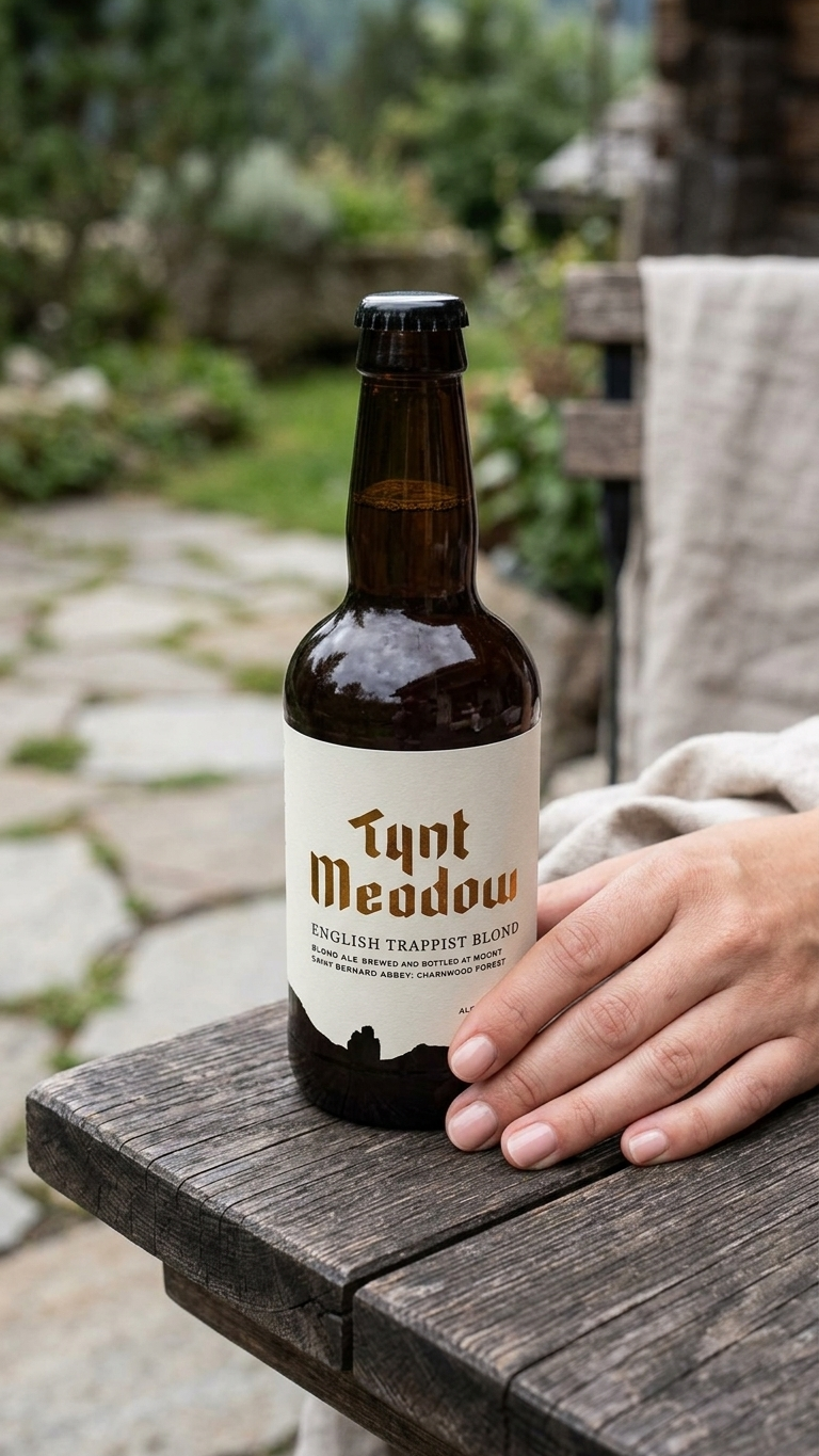 Braune 33cl Flasche Mount St. Bernard Tynt Meadow Trappisten Blond mit weißem Etikett auf Holztisch.