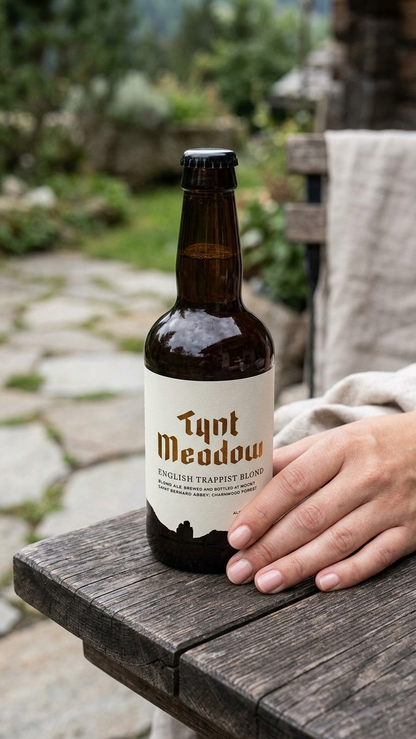 Braune 33cl Flasche Mount St. Bernard Tynt Meadow Trappisten Blond mit weißem Etikett auf Holztisch.