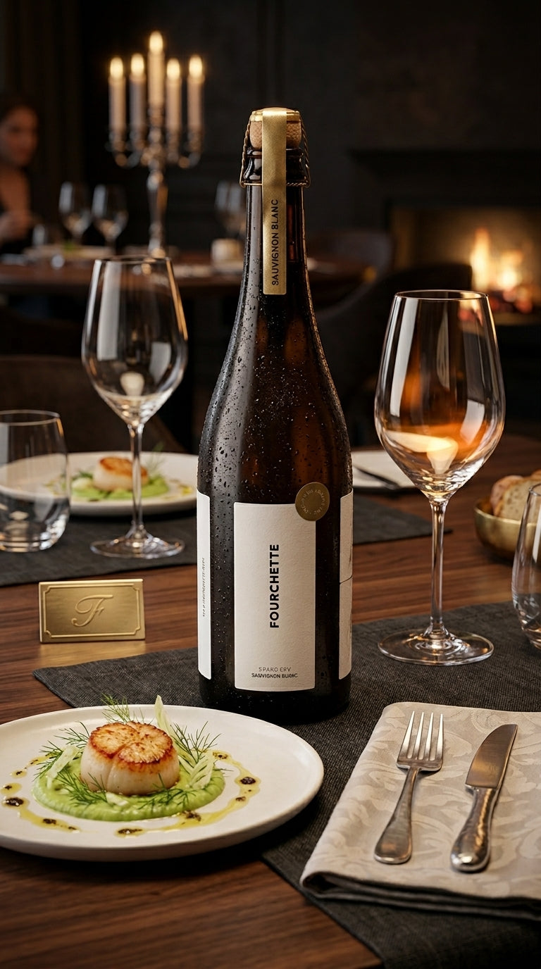 FOURCHETTE Grand Cru Sauvignon Blanc Weinflasche mit zwei gefüllten Weingläsern und Teller mit Garnele auf gedecktem Tisch.