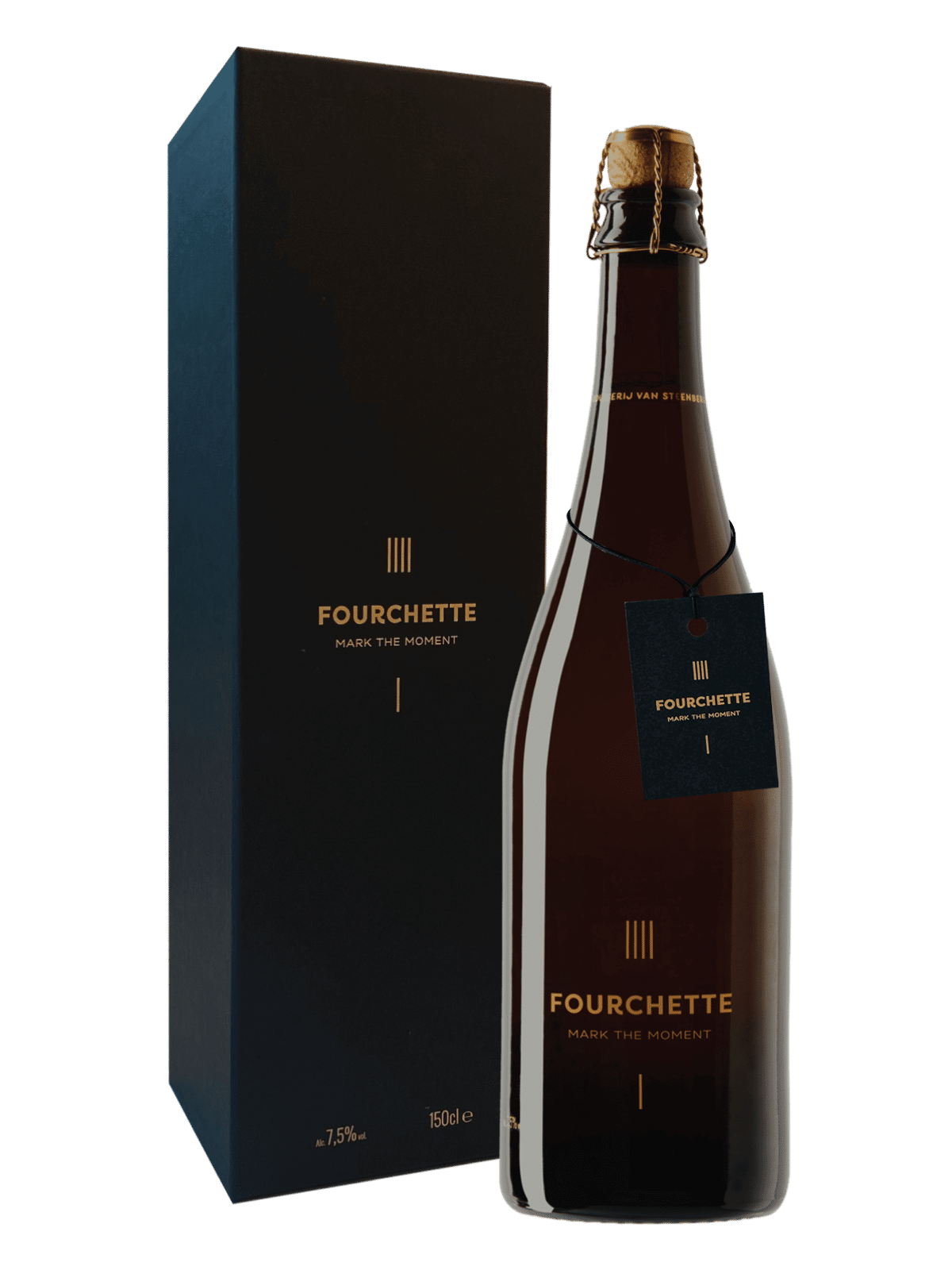 Dunkle Bierflasche Fourchette Grand Cru mit goldener Schrift und edler schwarzer Geschenkbox.
