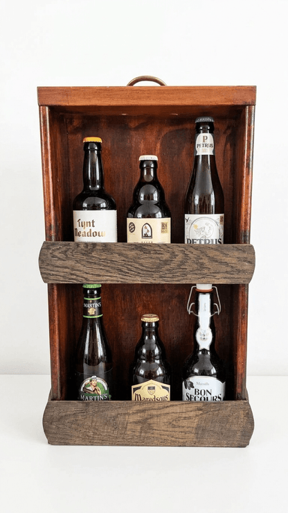 Holz-Geschenkbox mit sechs verschiedenen Bierflaschen und Flaschenöffner, rustikales Design.