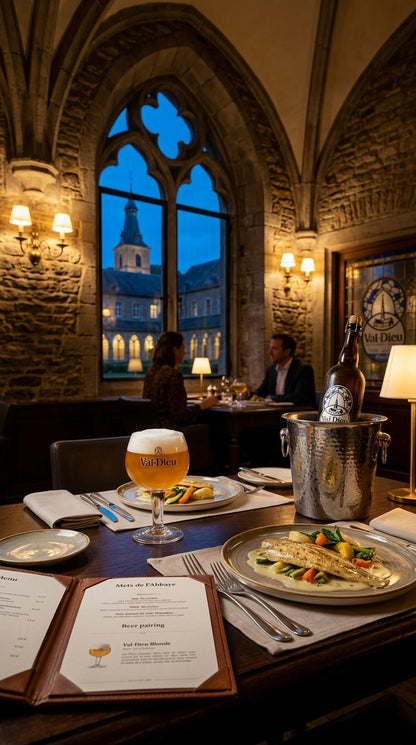 Glas Val Dieu Blonde Bier auf rustikalem Holztisch mit Speisen und Kerzenlicht in gotischem Gewölberaum.