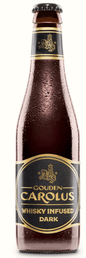Braune Glasflasche Gouden Carolus Whisky Infused Dark mit schwarzem Etikett und goldener Schrift, 33 cl.