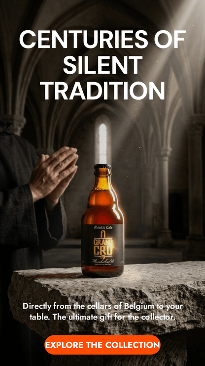 Grand Cru Monk's Café Bierflasche 33cl in gotischem Kircheninterieur mit betendem Mann im Hintergrund.