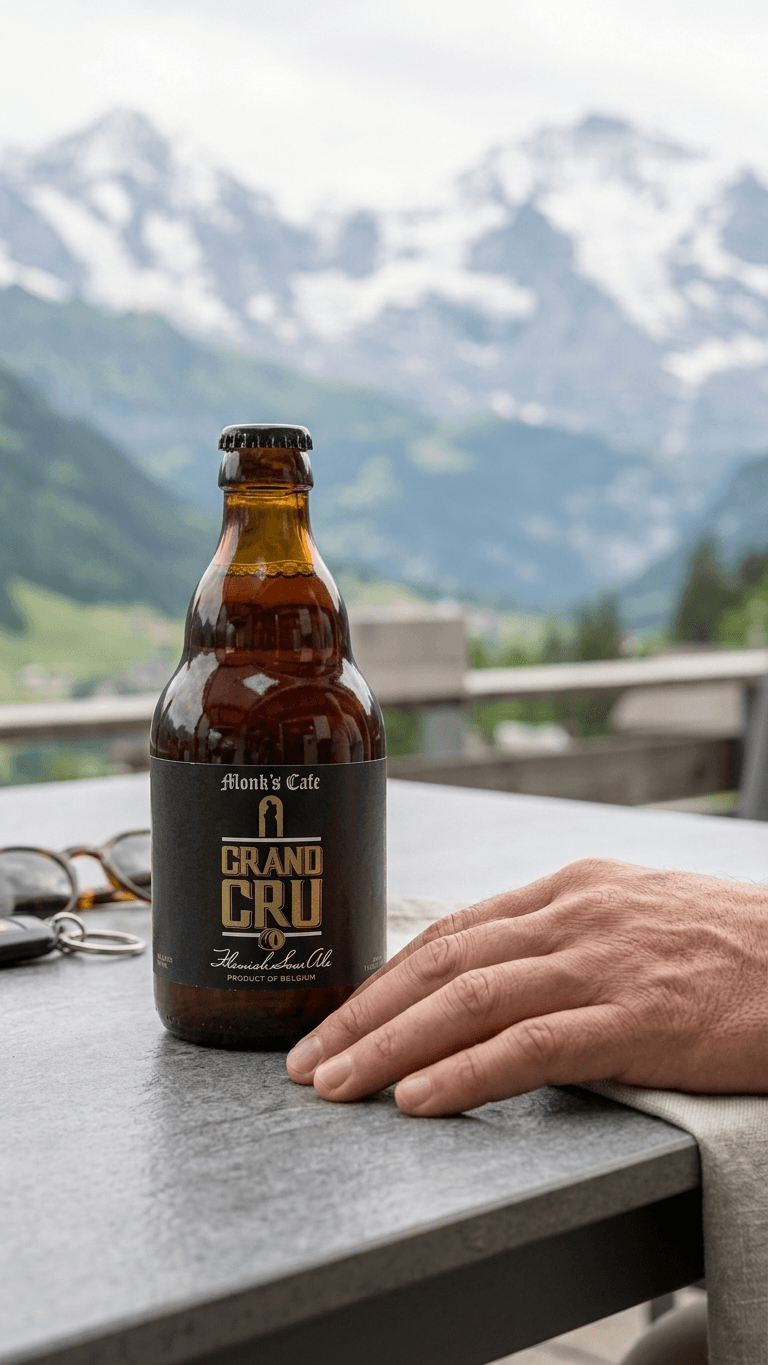 Flasche Grand Cru Monk's Café 33cl Bier auf grauem Tisch mit Bergpanorama im Hintergrund.