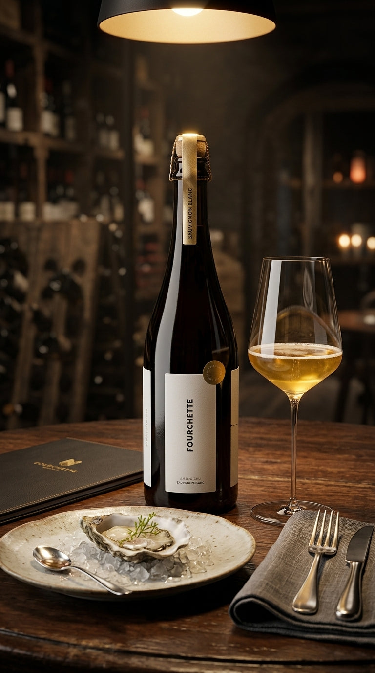 Große Flasche Fourchette Grand Cru Sauvignon Blanc mit elegantem Etikett, daneben Weißweinglas und gedeckter Teller in.