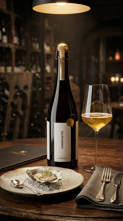 Große Flasche Fourchette Grand Cru Sauvignon Blanc mit elegantem Etikett, daneben Weißweinglas und gedeckter Teller in.