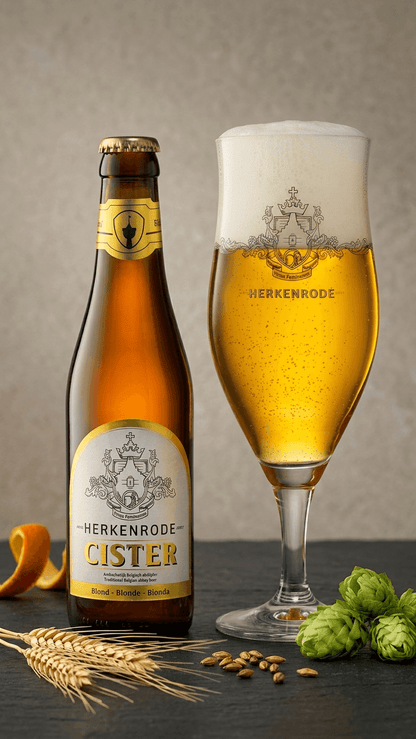 Braune Herkenrode Cister Bierflasche 33 cl neben vollem, schäumendem Bierglas mit goldgelbem Bier und Logo.