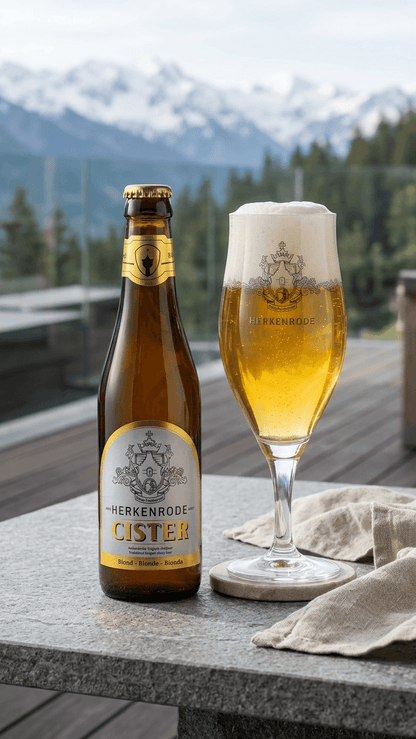 Herkenrode Cister 6,5% Bierflasche 33 cl mit gefülltem Bierglas auf Granittisch vor Bergkulisse.