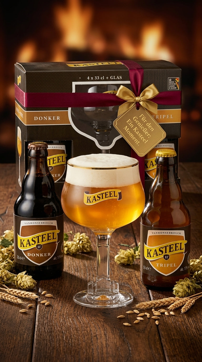 Geschenkkarton mit vier Kasteel-Bierflaschen, einem verzierten Bierglas und goldener Schleife.