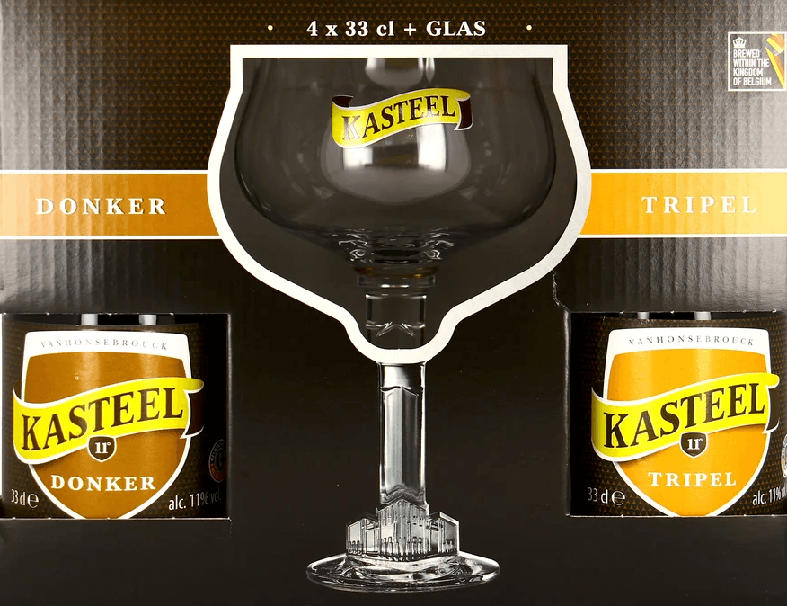 Geschenkbox mit vier Kasteel Bieren und einem Kasteel Bierglas aus Klarglas.