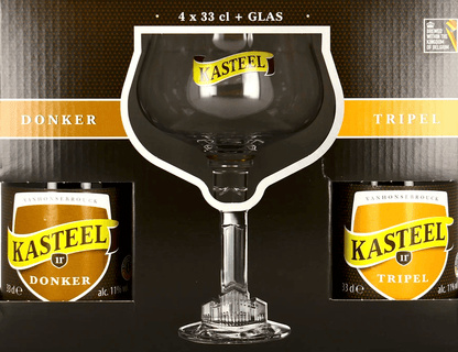 Geschenkbox mit vier Kasteel Bieren und einem Kasteel Bierglas aus Klarglas.
