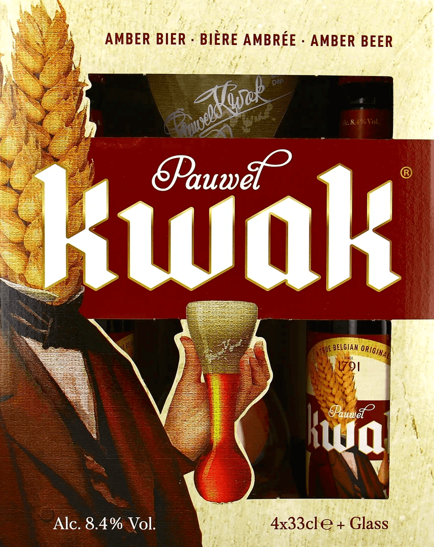 Geschenkbox mit vier Flaschen Pauwel Kwak Amber Bier und einem typischen Kwak Glas, rot-braunes Design.