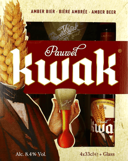 Geschenkbox mit vier Flaschen Pauwel Kwak Amber Bier und einem typischen Kwak Glas, rot-braunes Design.