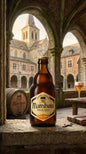 Braune 33cl Maredsous Abbaye Blond Bierflasche mit hellgelbem Etikett vor historischem Klosterhintergrund.