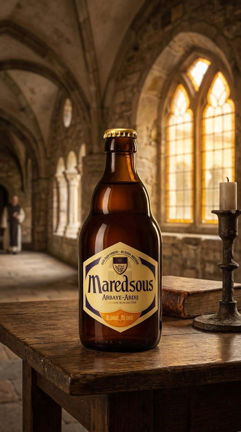 Braune 33cl Flasche Maredsous Abbaye Blond Bier mit hellgelbem Etikett auf Holztisch im Klosterfensterlicht.