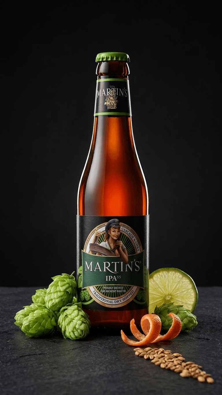 Martins IPA 55 Bierflasche 33 cl mit Hopfen, Limette, Orangenschale und Gerstenkorn auf schwarzem Hintergrund.