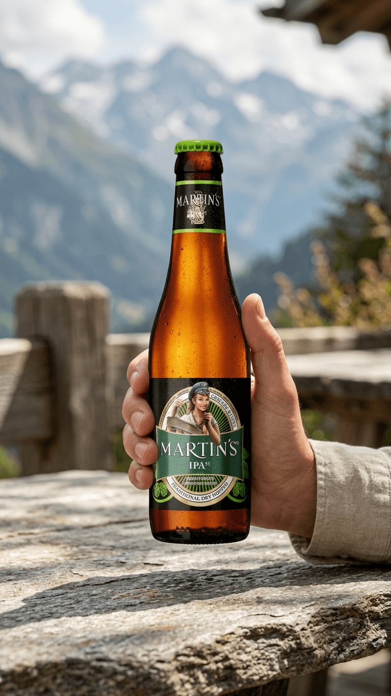 Martins IPA 55 Bierflasche 33 cl mit grünem Etikett vor Bergkulisse.