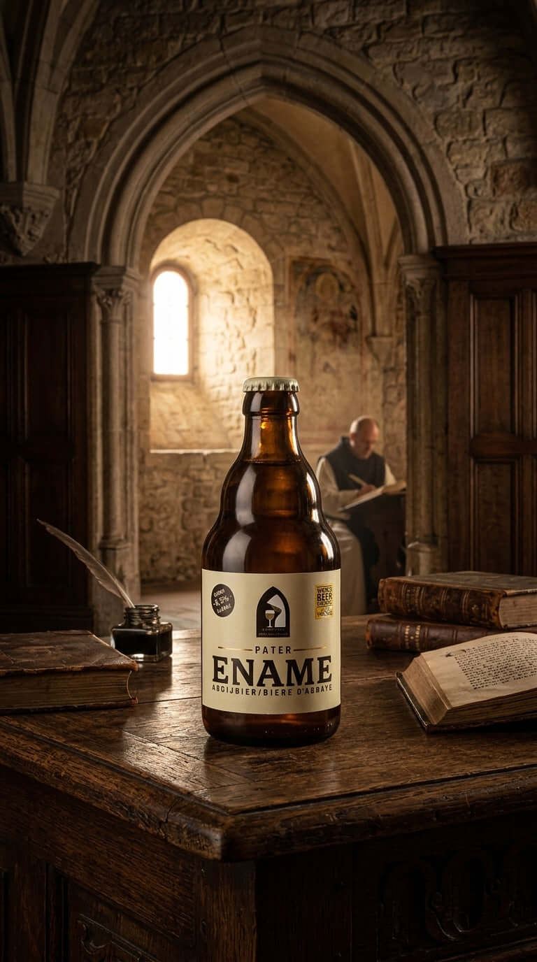 Braune Glasflasche Ename Pater 33 cl mit weißem Etikett auf Holztisch vor mittelalterlichem Steinraum.
