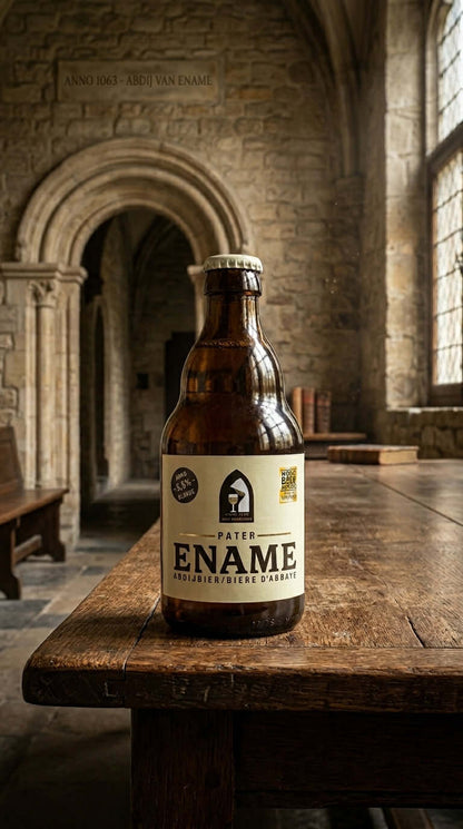Braune Glasflasche Ename Pater Bier 33 cl mit cremefarbenem Etikett auf rustikalem Holztisch vor Steinmauer und Fenster.