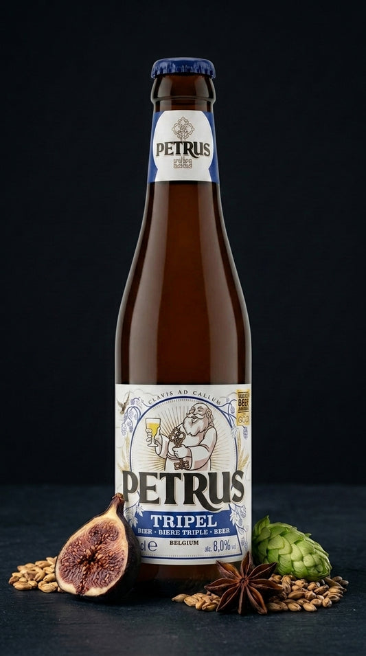 Braune 33cl Petrus Tripel Bierflasche mit blauem Verschluss und weißem Etikett.