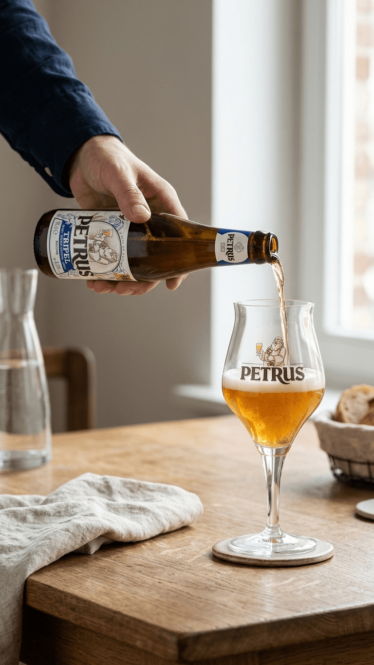 Braunes Petrus Tripel Bier wird in ein mit Logo bedrucktes Glas auf Holztisch eingeschenkt.