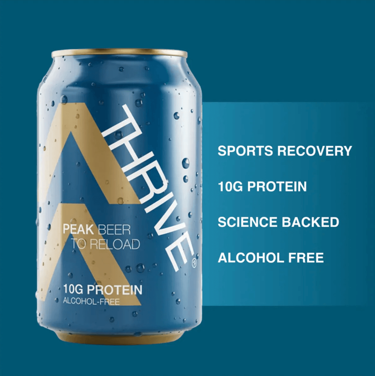 Blaue Dose Thrive Peak-IPA alkoholfrei mit goldenen Akzenten und Protein-Text auf Vorderseite.
