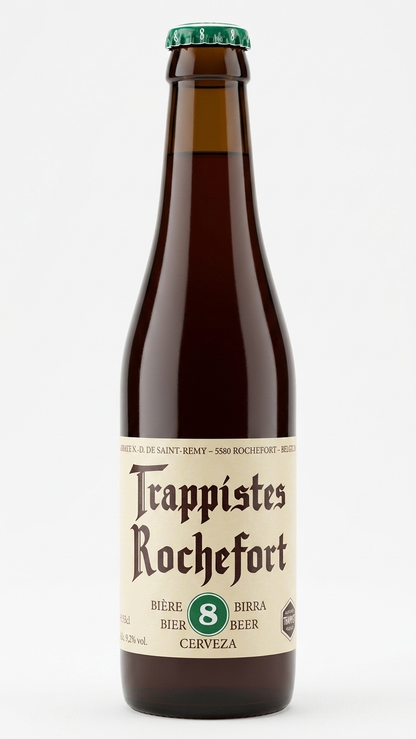 Braune 33cl Flasche Trappistes Rochefort 8° Bier mit beige-grünem Etikett und grünem Kronkorken.