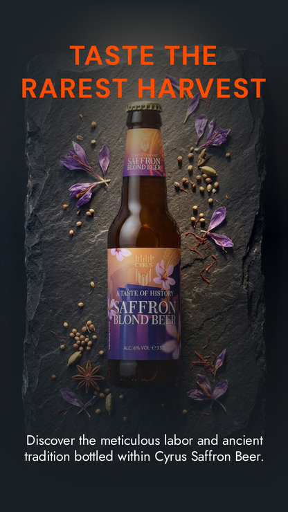 Cyrus Saffron Blond Beer Flasche mit blauen und goldenen Etiketten vor schwarzem Hintergrund mit Safranfäden und Gewürzen.