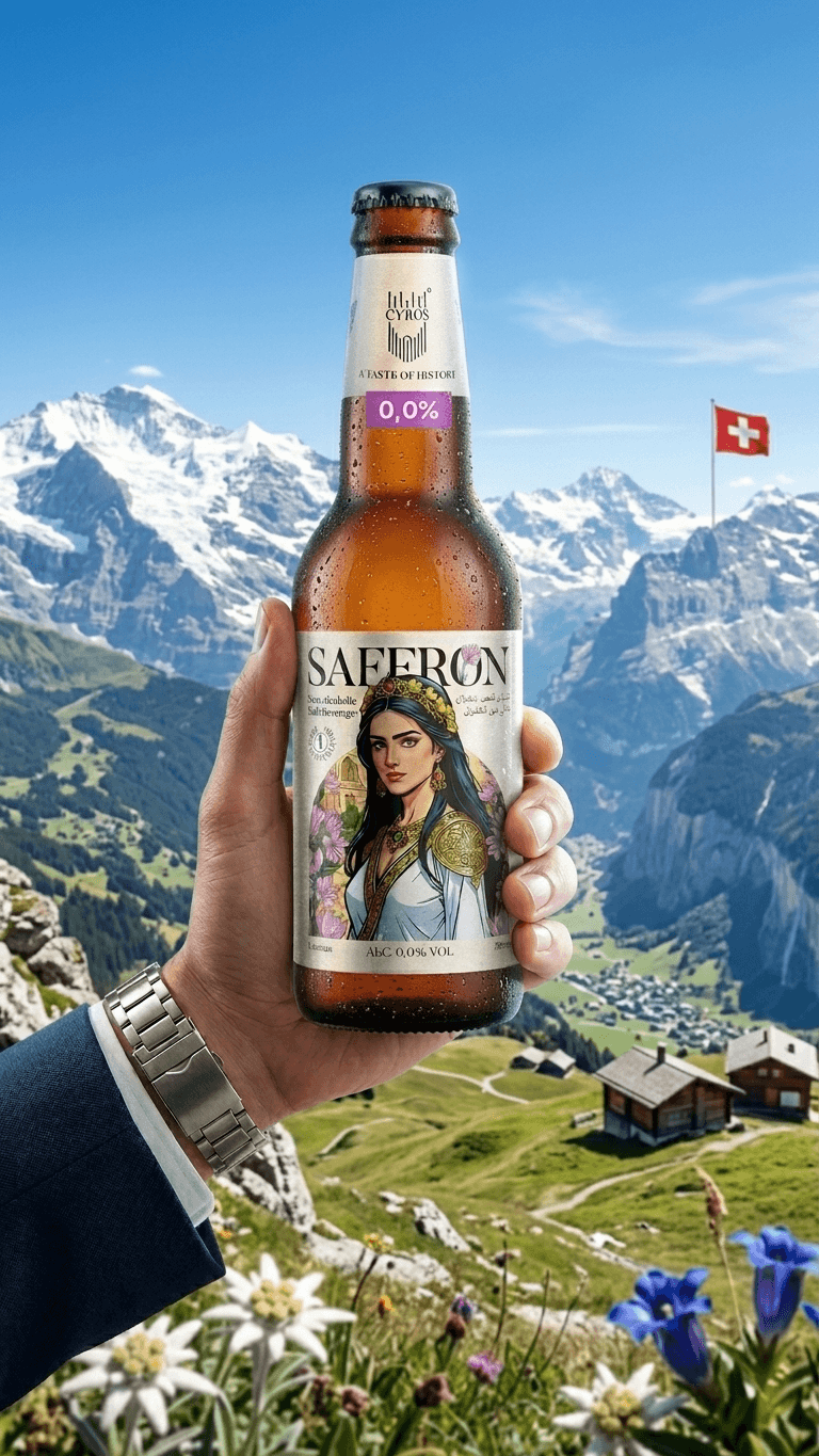 Hand hält Flasche Cyrus Saffron Alkoholfreies Safran Craft Beer vor Bergkulisse mit Schweizer Flagge.