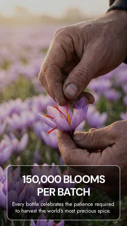 Hände ernten Safranfäden aus lila Crocus-Blüten auf einem Feld bei Sonnenuntergang.