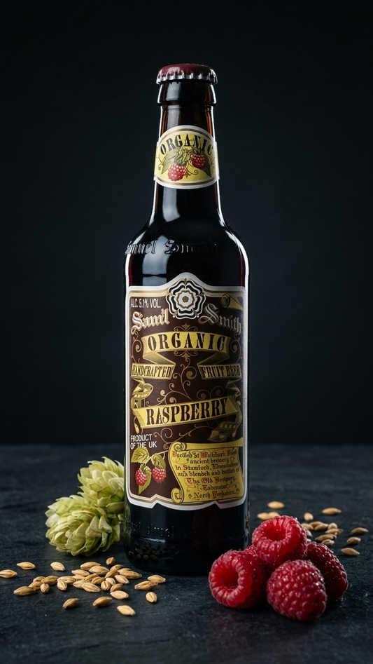 Samuel Smith’s Organic Raspberry Beer 355ml Flasche mit Himbeeren und Hopfen vor dunklem Hintergrund.