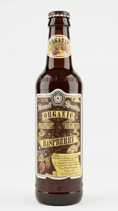 Samuel Smith's Organic Raspberry Beer in brauner 355 ml Flasche mit goldgelbem Etikett und Himbeerillustration.