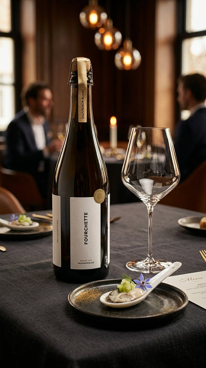Elegante Flasche FOURCHETTE GRAND CRU Sauvignon Blanc 75 cl mit goldener Kapsel neben Wein- und Champagnerglas auf dunklem.