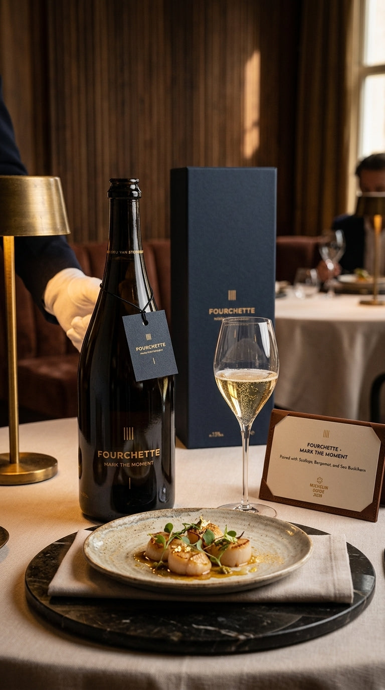 Schwarze Flasche Michelin Beer mit goldener Schrift neben elegant gefülltem Weinglas vor dunkelblauem Etui auf Tisch mit.