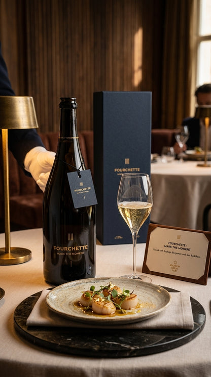 Schwarze Flasche Michelin Beer mit goldener Schrift neben elegant gefülltem Weinglas vor dunkelblauem Etui auf Tisch mit.