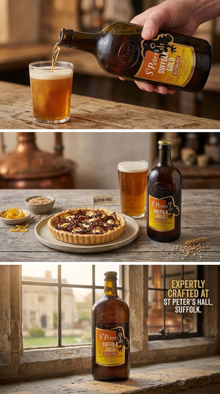 St. Peter’s Suffolk Gold Glutenfreies Bier in brauner Flasche mit Glas, Waffel und Zitrone auf rustikalem Tisch.