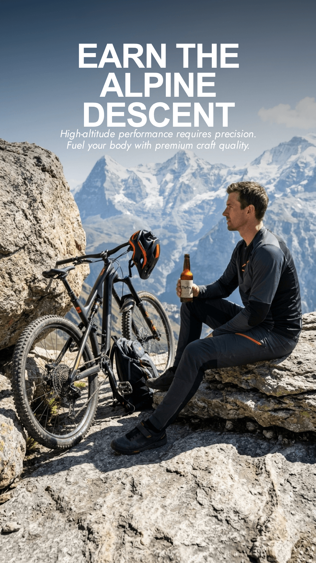 Sportler sitzt auf Felsen in Berglandschaft, hält Dose Thrive Peak alkoholfreies IPA, Mountainbike daneben.